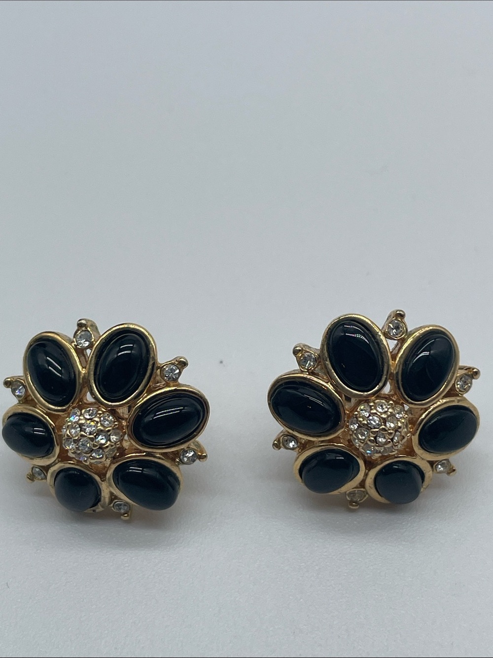 Gold-Tone Black Floral Crystal Stud Earrings